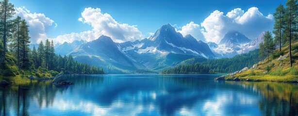 Naklejka premium Scenic Blue Lake Surrounded by Forested Mountains