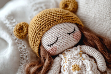 A detailed close-up of a crocheted doll with embroidered facial features and handmade clothing