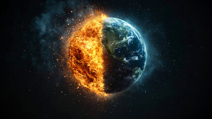 Naklejka premium Burning Earth on black background. Global Warming Concept