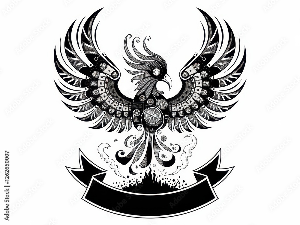 Poster artistic black and white phoenix design with intricate details and patterns