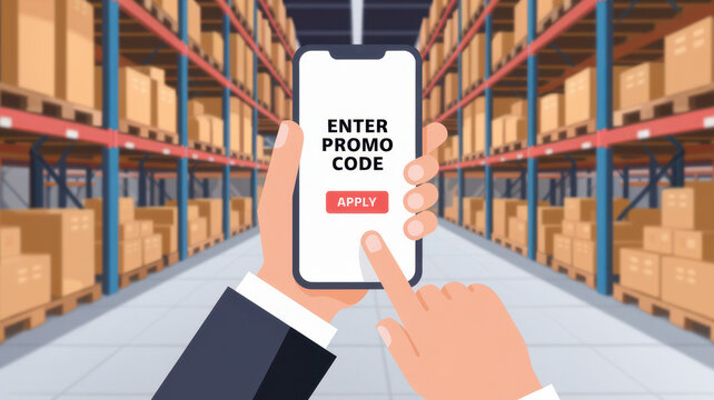 Enter promo code on smartphone in warehouse setting for discounts