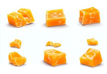Delicious golden toffee pieces, scattered on white background. Sweet treat!