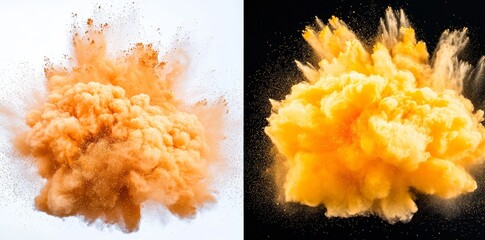 isolated golden sand flying explosion, abstract sands cloud wave explode, air-flying yellow sand splash, transparent or black background, PNG