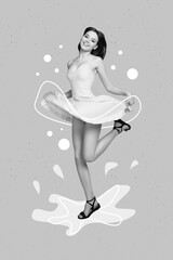 Collage 3d image of pinup pop retro sketch of smiling happy lady dancing wear short sexy dress...