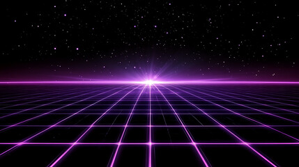 Abstract Retro Style Grid Landscape With Stars in the Sky at Night Futuristic Perspective