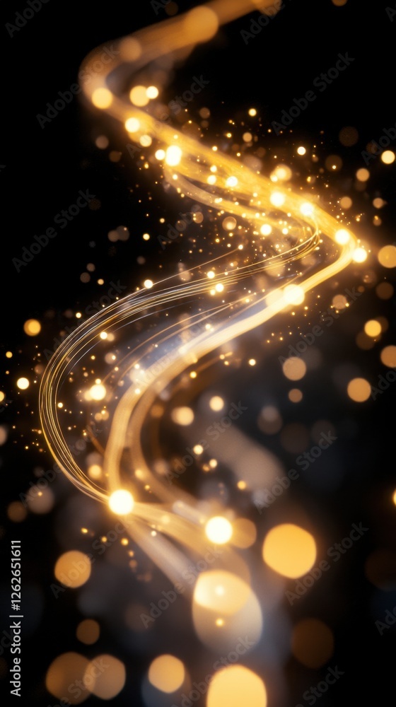 Poster glowing golden light trails with sparkling bokeh effects on a dark background