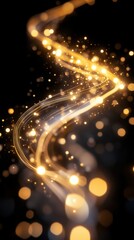 Glowing golden light trails with sparkling bokeh effects on a dark background