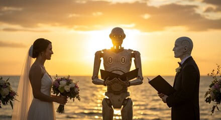 Romantic beach wedding ceremony sunset couple robot officiant golden hour bride groom artificial intelligence future technology modern romance sea sky