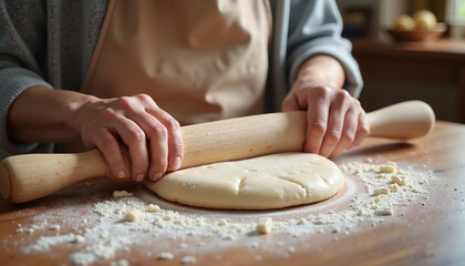 Mother's hands rolling dough while flour scatters on the countertop, soft focus background with a warm, rustic atmosphere