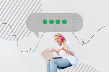 Contemporary art banner collage of puzzled girl listen earphones music type laptop chatterbox...