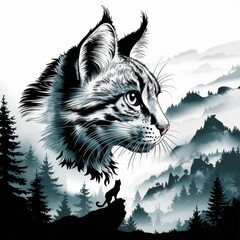 Obraz premium Majestic lynx head silhouette against misty mountain landscape