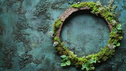 Rustic wooden circle covered with moss on textured backdrop