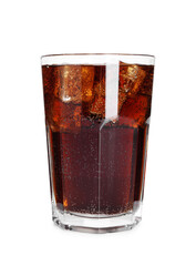 Sweet soda water with ice cubes in glass isolated on white