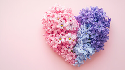 Fototapeta premium Heart-Shaped Floral Design with Pink and Purple Flowers on a Soft Pink Background