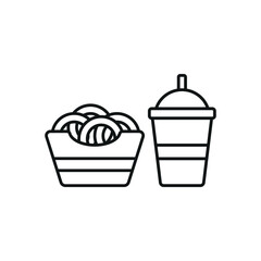 Drink and onion rings set food icon in flat style, featuring a refreshing beverage in a cup with a straw and a crispy stack of golden onion rings.