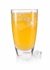 Sweet soda water in glass and ice cubes isolated on white