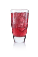 Sweet soda water with ice cubes in glass isolated on white
