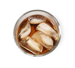 Refreshing cola with ice cubes in glass isolated on white, top view