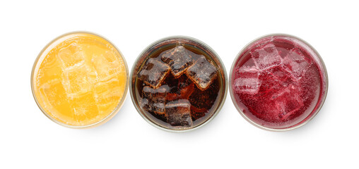 Soda water of different flavors with ice cubes in glasses isolated on white, top view