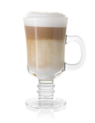 Tasty latte macchiato in glass cup isolated on white
