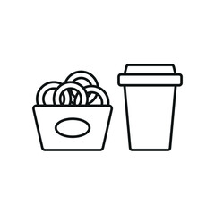 Drink and onion rings set food icon in flat style, featuring a refreshing beverage in a cup with a straw and a crispy stack of golden onion rings.