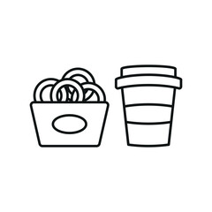 Drink and onion rings set food icon in flat style, featuring a refreshing beverage in a cup with a straw and a crispy stack of golden onion rings.