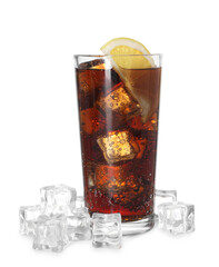 Refreshing cola with slice of lemon and ice cubes in glass isolated on white
