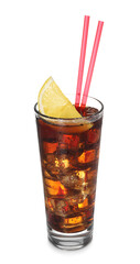 Refreshing cola with slice of lemon, ice cubes and drinking straws in glass isolated on white