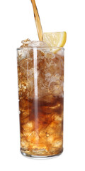 Pouring refreshing cola into glass with ice cubes and slice of lemon isolated on white