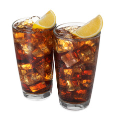 Refreshing cola with slices of lemon and ice cubes in glasses isolated on white