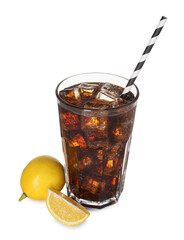 Refreshing cola with ice cubes, drinking straw and lemon isolated on white