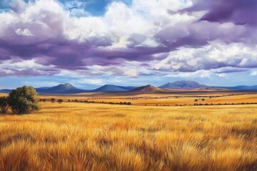 Fototapeta premium expansive golden grasslands stretching to distant purple mountains, acacia trees dotted across horizon, dramatic clouds casting shadows on savanna