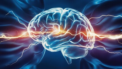 Obraz premium Human brain digital illustration. Electrical activity, flashes and lightning on a blue background. Digital Illustration of the Human Brain.
