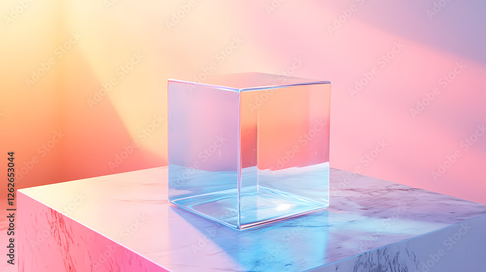 Poster transparent cube on marble table with pink and orange gradient lighting