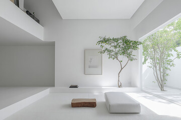 Fototapeta premium Minimalist interior with cozy armchair, blank canvas, and natural light from large windows