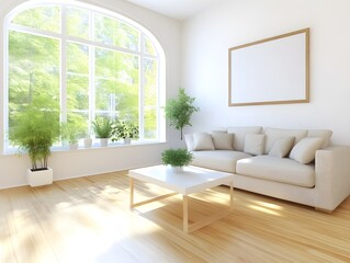 Fototapeta premium Serene Minimalist Living Room: Sunlight streams through an arched window, illuminating a beige sofa and potted plants.