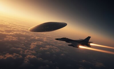 Fighter Jet Encounters UFO Sunset