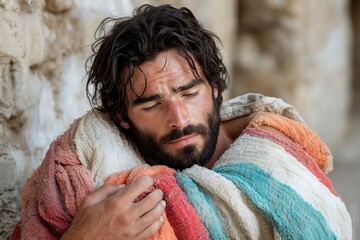Emotional moment of a man wrapped in a colorful blanket, reflecting against a rustic backdrop in soft natural light. Generative AI