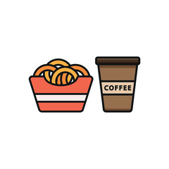 Drink and onion rings set food icon in flat style, featuring a refreshing beverage in a cup with a straw and a crispy stack of golden onion rings.