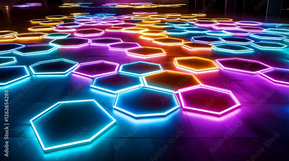 Poster abstract honeycomb pattern with neon lights and geometric design on dark background