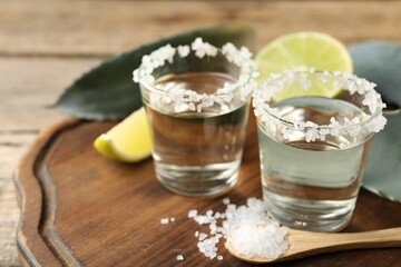 Tequila shots with salt, lime slices and agave leaves on wooden table, closeup