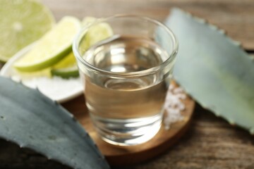Tequila shot with lime slices and agave leaves on wooden table, closeup