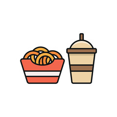 Drink and onion rings set food icon in flat style, featuring a refreshing beverage in a cup with a straw and a crispy stack of golden onion rings.