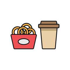 Drink and onion rings set food icon in flat style, featuring a refreshing beverage in a cup with a straw and a crispy stack of golden onion rings.