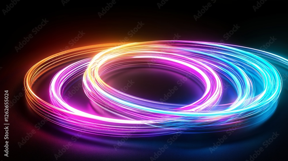 Poster abstract neon light trails forming circular patterns on black background
