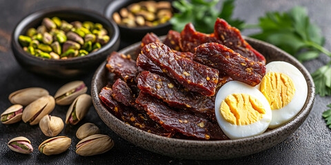 A modern composition of protein-rich snacks like jerky, pistachios, and hard-boiled eggs displayed on a neutral-toned background.