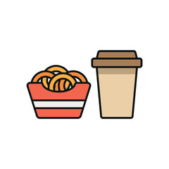 Drink and onion rings set food icon in flat style, featuring a refreshing beverage in a cup with a straw and a crispy stack of golden onion rings.