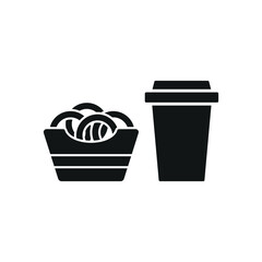 Drink and onion rings set food icon in flat style, featuring a refreshing beverage in a cup with a straw and a crispy stack of golden onion rings.