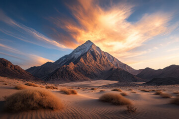 Naklejka premium Majestic mountain rises above golden dunes under vibrant dusk sky filled with clouds. Generative AI