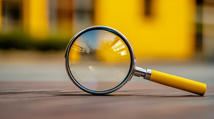 Magnifying glass close-up reflecting blurred cityscape, emphasizing clarity and focus. Discover optical precision and investigative insights today.